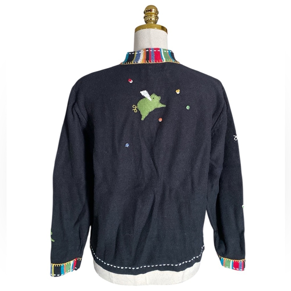 Susan Bristol "When Pigs Fly" Vintage Black Embroidered Full-Zip Cardigan Large - Picture 5 of 7